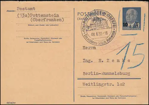 DDR P 63A Pieck Partie de réponse 10 sur 12 Pf SSt POTTENSTEIN (FR-BOTER) 8.6.1955