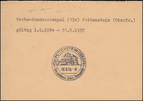 DDR P 63A Pieck Partie de réponse 10 sur 12 Pf SSt POTTENSTEIN (FR-BOTER) 8.6.1955