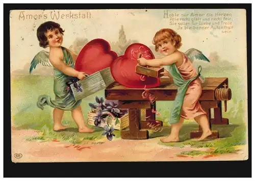 Liebes-AK Amors's Werkstatt, Gedicht Hoble nur Amor die Herzen, OLDENBURG 1911