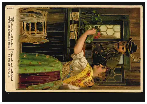 Liebes-AK Liebespaar am Fenster mit passendem Gedicht, gelaufen 1908