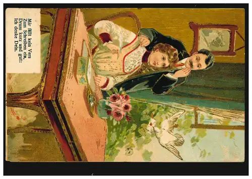 Amour-AK Couple d'amour avec pigeon-lettre avec poème assorti, SITTARD 1.9.1906