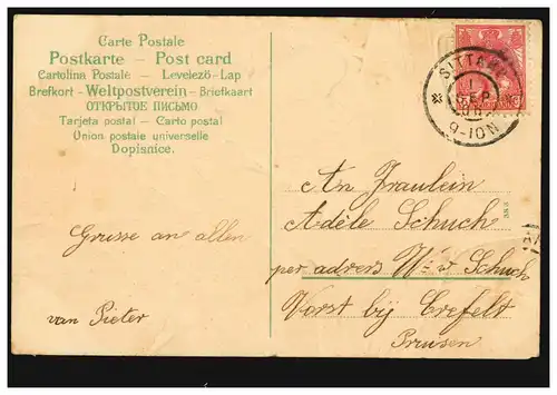 Amour-AK Couple d'amour avec pigeon-lettre avec poème assorti, SITTARD 1.9.1906