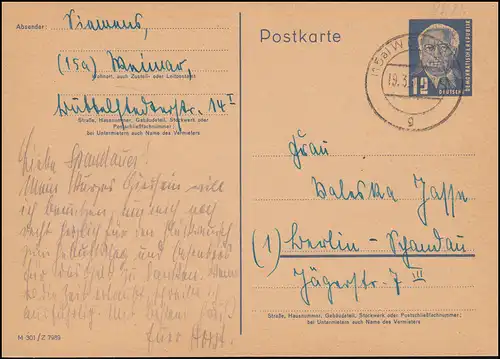 DDR P 48/01 Pieck Note d'impression M 301 Z 7989 WEIMAR 19.3.1951 vers Berlin-Spandau