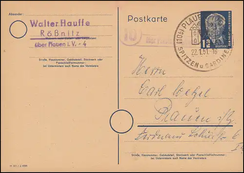 DDR P 45/01 Pieck DV M 301 Z 4296, Landpost Rössnitz sur Plauen, SSt PLAUEN 1951