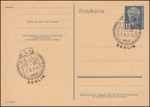 DDR P 50/03 Pieck: Druckvermerk III/18/185, SSt BERLIN Weltfestspiele 17.8.1951