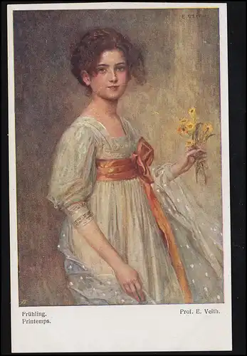 AK Artiste Prof. E. Veith: Printemps - Jeune femme avec bouquet de fleurs, inutilisé