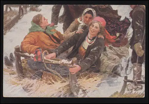 Künstler-AK F. Sitschkoff: Tolle Fahrt - Schlittenfahrt, Ortspostkarte WIEN 1922