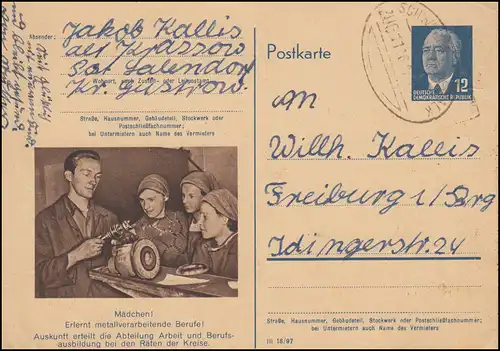 Poste ferroviaire SCHWERIN-PASEWALK 1954 sur DDR P 56/04 Métallurgie vers Fribourg