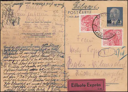 DDR P 63F Pieck Questionnaire avec envoi rapide supplémentaire AUDIO-RÉSIGNE 15.6.55