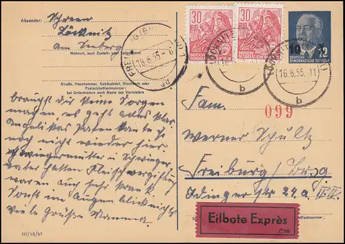 DDR P 62 Pieck 10 auf 12 Pf mit Zusatzfr. Eilsendung LÖCKNITZ (MECKL) b 16.6.55