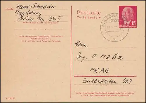 DDR P 64aII Pieck Auslandspostkarte aus MAGDEBURG 12.8.1970 nach Prag / CSSR