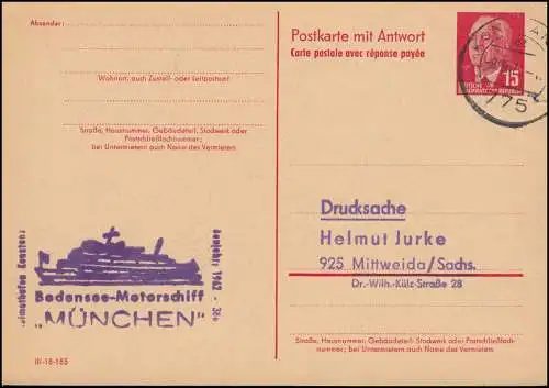 DDR P 65aF Pieck Frageteil aus KONSTANZ / BODENSEE 8.6.1971 nach Mittweida
