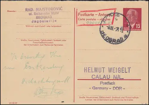 DDR P 65aA Pieck Carte de réponse de BEOGRAD 8.11.1958 vers Calau / Basse-Saxe