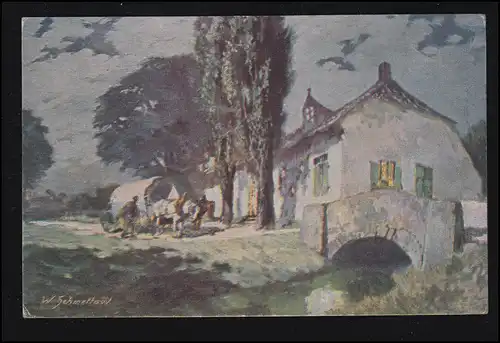 AK Artiste V. Schmettow: Paysage avec des mouvements de montres et pont, couru en 1921