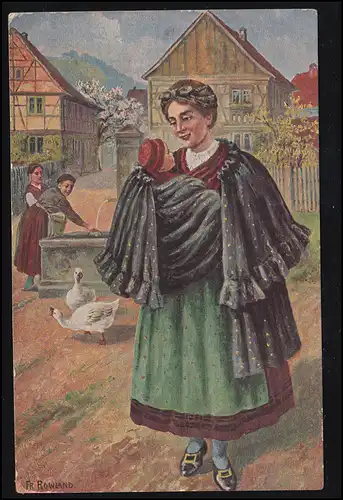 AK Artiste Tachts de Thuringe - Fr. Rowland: À la fontaine du village, couru en 1916