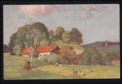 Künstler-AK K.H. Müller: Landschaftsbild mit Hirte und Schafen, BOCHUM 30.5.1914