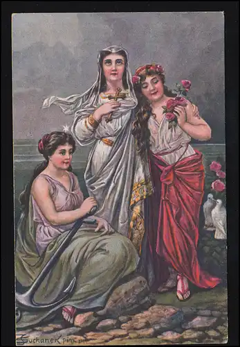 AK Artiste Suchanek: Foi, Amour, Espoir - Croix, Roses, Ancre, Imbr.