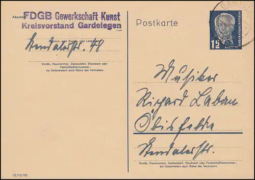 DDR P 50/03 Pieck: Druckvermerk III/18/185, vom FDGB aus GARDELEGEN 26.7.1953