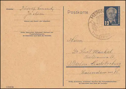 DDR P 50/03 Pieck: note d'impression III/18/185 SSt MEININGEN THEATERSTADT 28.11.1952