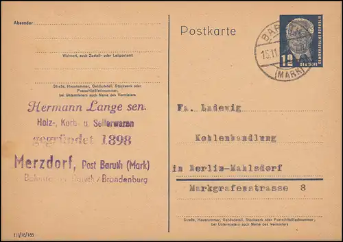 DDR P 50/03 Pieck: Note d'impression III/18/185, BARUTH (MARK) 15.11.1952 vers Berlin