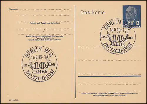 DDR P 58 Pieck: note d'impression III/18/97, SSt BERLIN 10 ans DEUSCHE POST 15.9.55