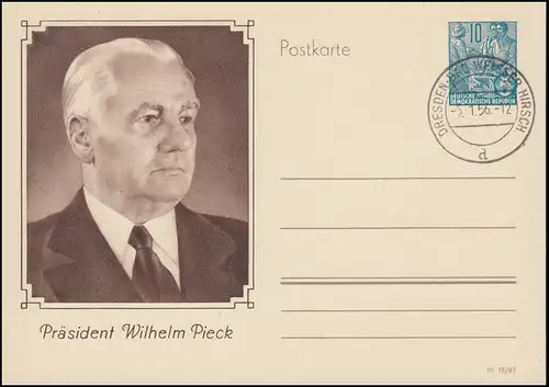 DDR P 67 Wilhelm Pieck pour le 80e anniversaire, DRESDEN BAD WAISSER HIRSCH 5.1.1956