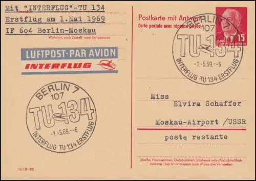 Erstflug INTERFLUG IF 604 Berlin-Moskau TU 134 auf P 65aF passender ESSt 1.5.59