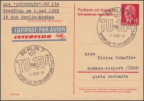 Premier vol INTERFLUG IF 604 Berlin-Moscou TU 134 sur P 65aF ESSt correspondant 1.5.59