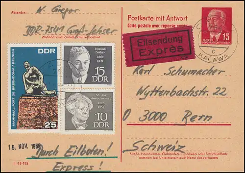 DDR P 65aF Pieck mit Zusatzfrankatur als Eil-Postkarte KALAU / KALAWA 17.11.1969