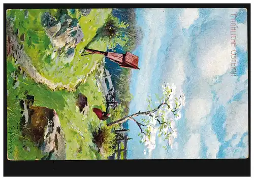 AK Artiste Pâques - Printemps: Prier au bord du chemin, édition H.M.S., non utilisé