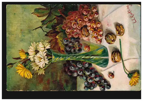 AK Artiste Reckling: Nature morte Raisins Fleurs de fleurs, non utilisées