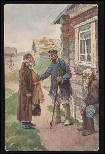 Künstler-AK Balunin: Freizeit - Drei alte Herren im Gespräch, MOSKAU 26.5.1911