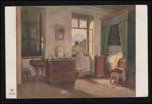 Künstler-AK M.v. Schwind: Morgenstunde - Frau am Fenster, AUGSBURG 17.2.1928