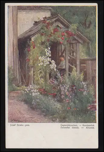 Künstler-AK Josef Straka: Gartenhäuschen, Wiener Volkskunst, gelaufen