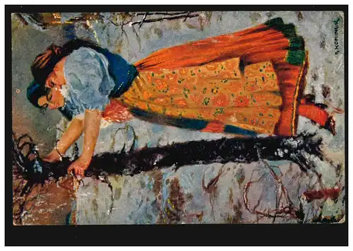 AK Artiste R. Kominek: Deux femmes en costume dans la forêt d'hiver, couru en 1917