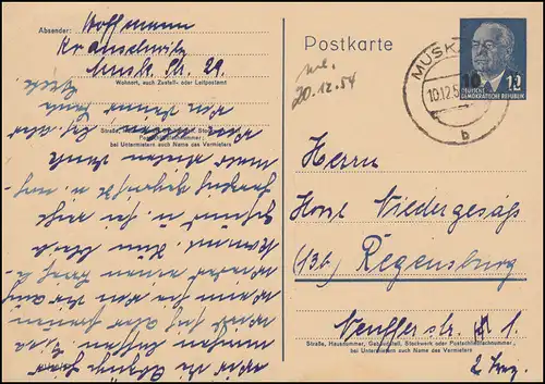 DDR P 62 Pieck 10 sur 12 Pf de MUSKAU 10.12.1954 à Ratisbonne