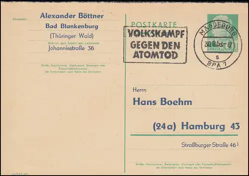 DDR Frageteil-Postkarte P 70I F Werbe-O Atomtod MAGDEBURG 30.8.1958