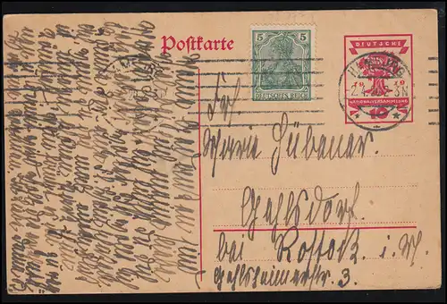 P115 Assemblée nationale 10 Pf avec Germania 5 Pfe. HAMBURG 2.4.1920
