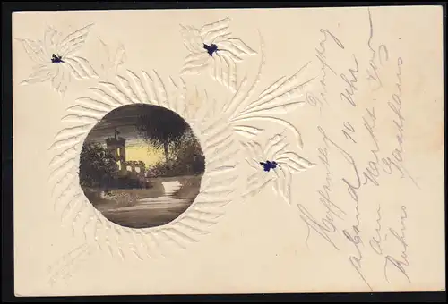 AK Petit écran de l'artiste Parkidylle avec guirlande fleurie, LIMBACH (Sachts.) 17.1.1910