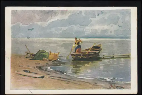 Künstler-AK Stranidylle mit Boot und Fischerin, MÜNCHEN 2 30.6.1914