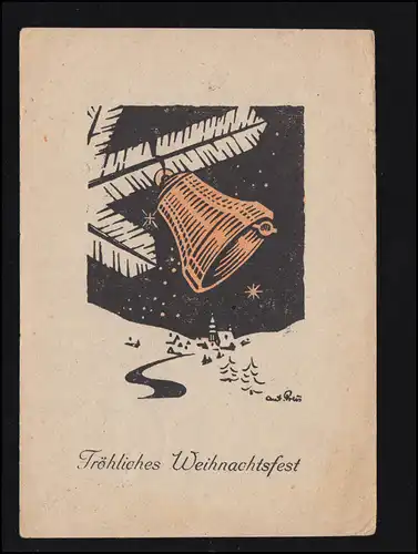 Künstler-AK Ant. Preis: Weihnachten Zweig mit Glocke Kirche, MÜLHEIM / RUHR 1946