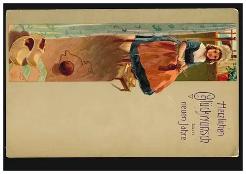 Carte de l'année Nouvel An Filles tricotées, chaussures en bois, DRESDEN 31.12.1908