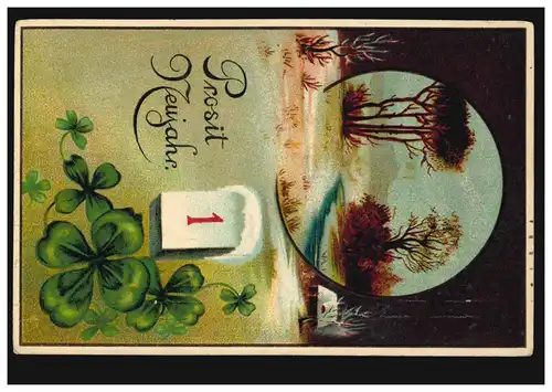 Prägekarte Neujahr Zahl 1 Glücksklee Landschaftsbild, DÜSSELDORF 31.12.1919