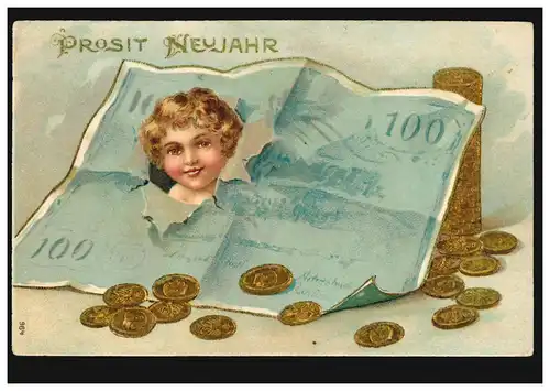 Prägekarte Neujahr Geldschein und Münzen, GRAFING 27.12.1906