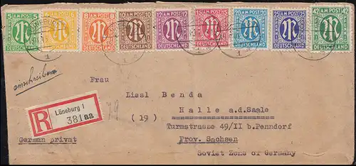 12 AM-Post 5 Pf. engl. Druck + ZF amer. / dt. Druck, R-Brief LÜNEBURG 15.4.1946