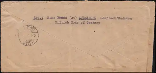 12 AM-Post 5 Pf. engl. Druck + ZF amer. / dt. Druck, R-Brief LÜNEBURG 15.4.1946 