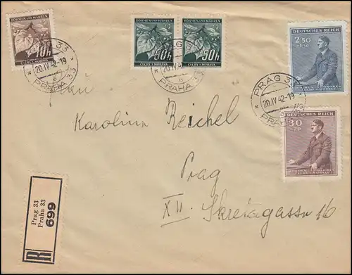 Böhmen und Mähren: 85+88 Geburtstag mit Zusatzfr. Orts-R-FDC PRAG 33 - 20.4.1942