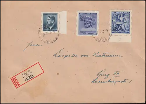 Böhmen und Mähren: 116 WHW + 130 Wagner + Zusatzfr. Orts-R-Brief PRAG 28.6.1943