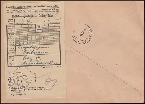 Böhmen und Mähren: 116 WHW + 130 Wagner + Zusatzfr. Orts-R-Brief PRAG 28.6.1943