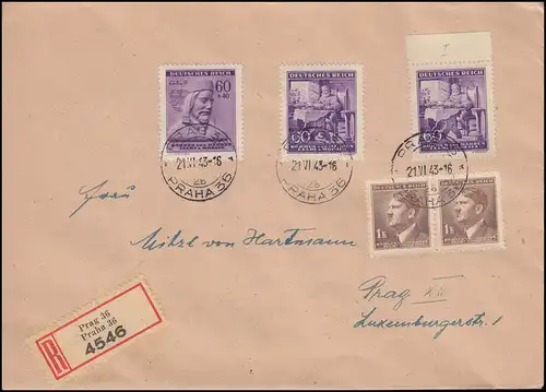 Bohême et Moravie: 128 Wagner + 114 WHW + Supplément fr. Localité R-Bf. PRAG 21.6.1943